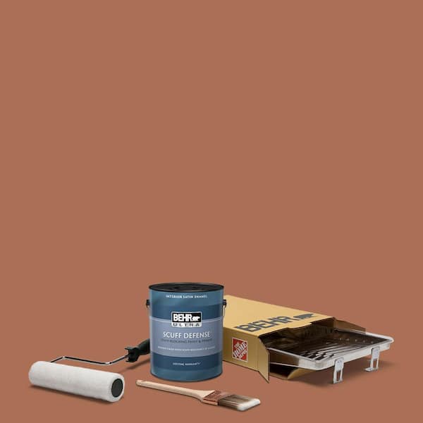 BEHR 1 gal. #MQ1-28 Orange Flambe Extra Durable Satin Enamel Interior Paint and 5-Piece Wooster Set All-in-One Project Kit