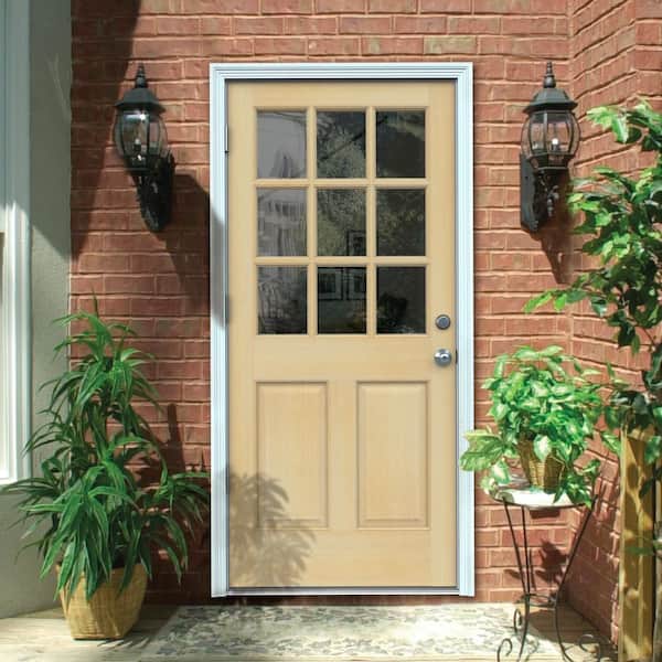 32 in. x 80 in. 9 Lite Unfinished Wood Prehung Right-Hand Outswing Entry Door w/Primed Rot Resistant Jamb