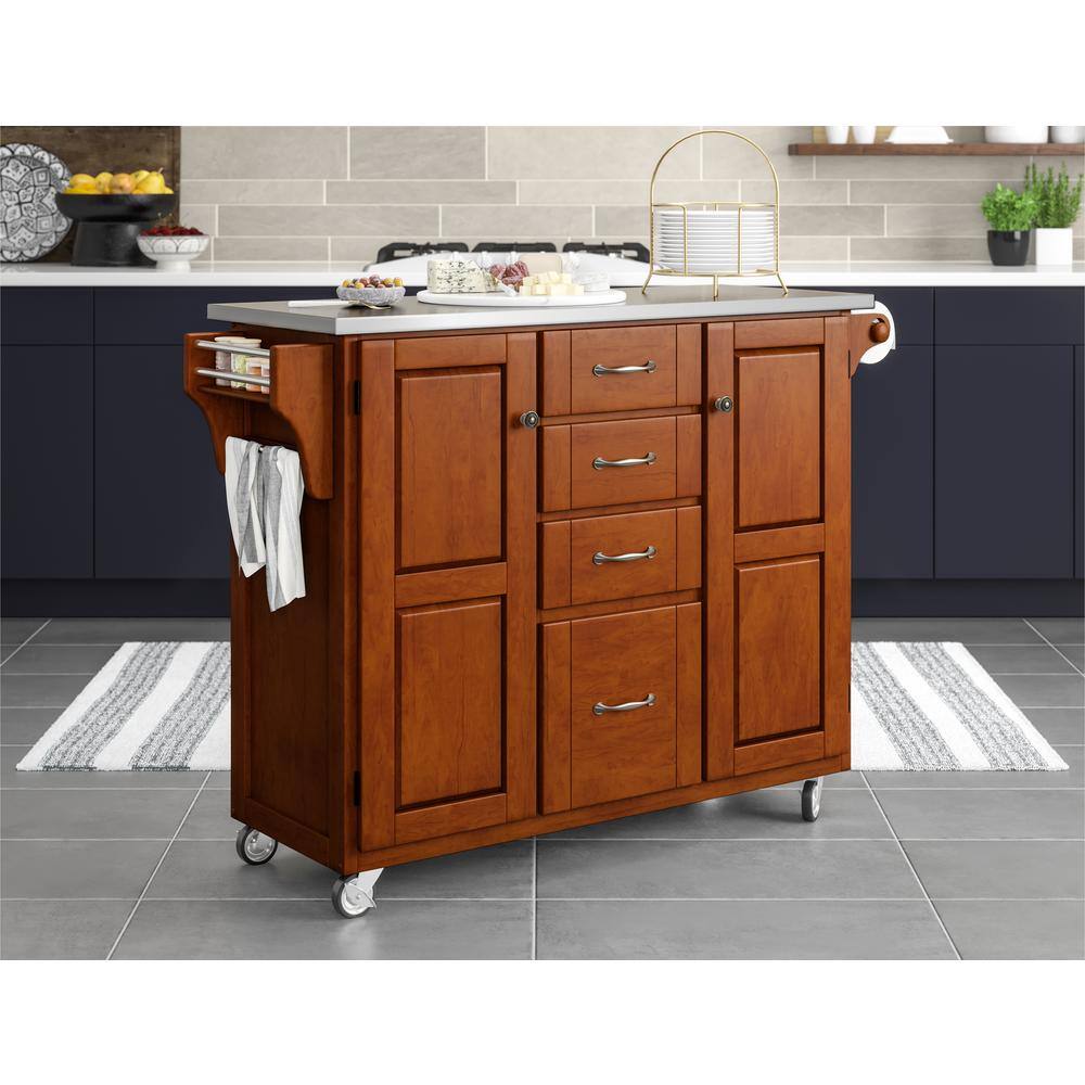 Cherry and Stainless Steel Kitchen Cart with Spice Rack