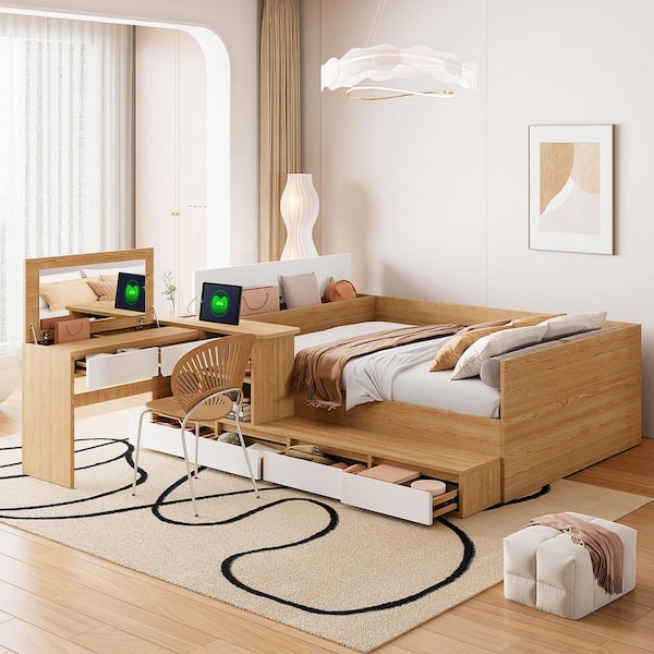Natural Yellow Wood Frame Full Size Platform Bed with 6 Drawers, Shelves and Dressing Table
