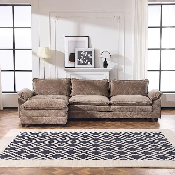 KD 120 in. Pillow Top Arm Chenille L-shaped Sofa in Brown with Ottoman
