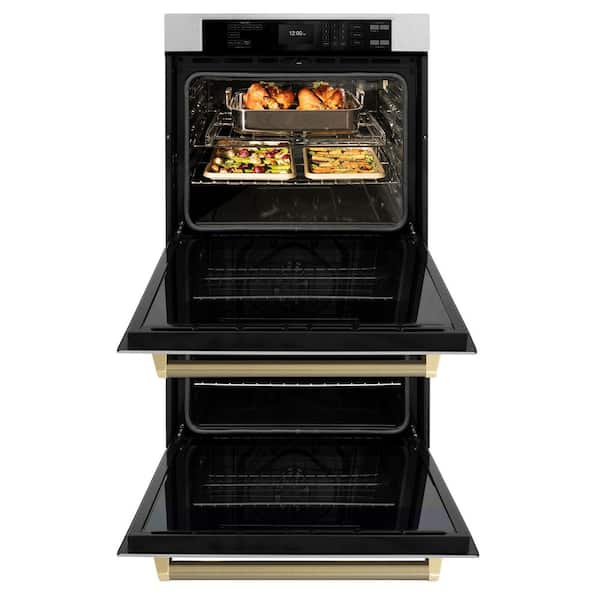 Autograph 30 in. True Convection Double Wall Oven with Air Fry in Satin Steel with Champagne Bronze Helix Handles