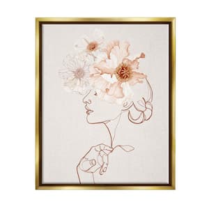 Delicate Pink Flower Blossoms Woman Line Drawing by Ros Ruseva Floater Frame Nature Wall Art Print 21 in. x 17 in.