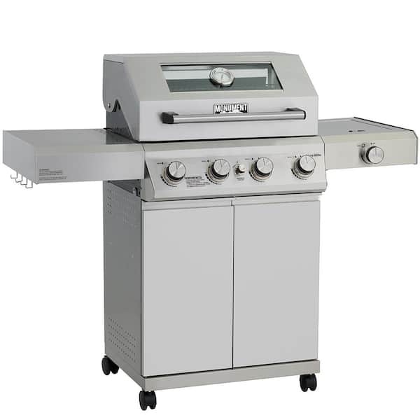 Monument Grills Mesa 4-Burner Propane Gas Grill in Stainless Steel with Clear View Lid, Side Burner and LED Controls