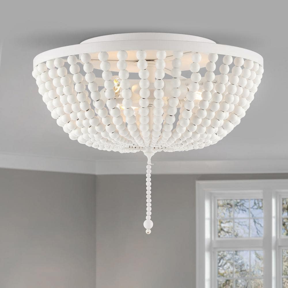 Allison 15" White Wood Beaded LED Flush Mount Light