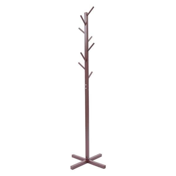 YIYIBYUS Brown Wooden Clothes Rack 16.93 in. W x 59.06 in. H Standing Coat Hat Rack with 8 Hooks