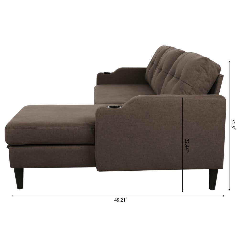 Brown Tufted Linen Fabric Sectional Sofa with Storage and Cup Holders