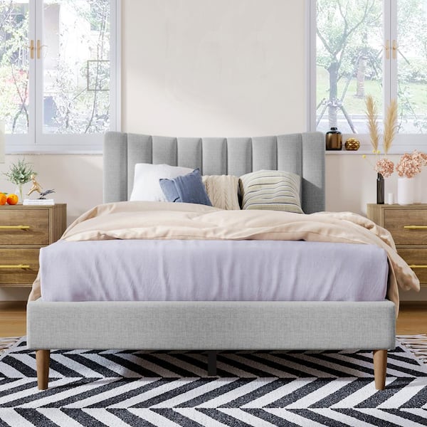 Magic Home Full Size Linen Upholstered Wood Platform Bed Frame with Vertical Channel Tufted Headboard, No Box Spring Needed,Gray