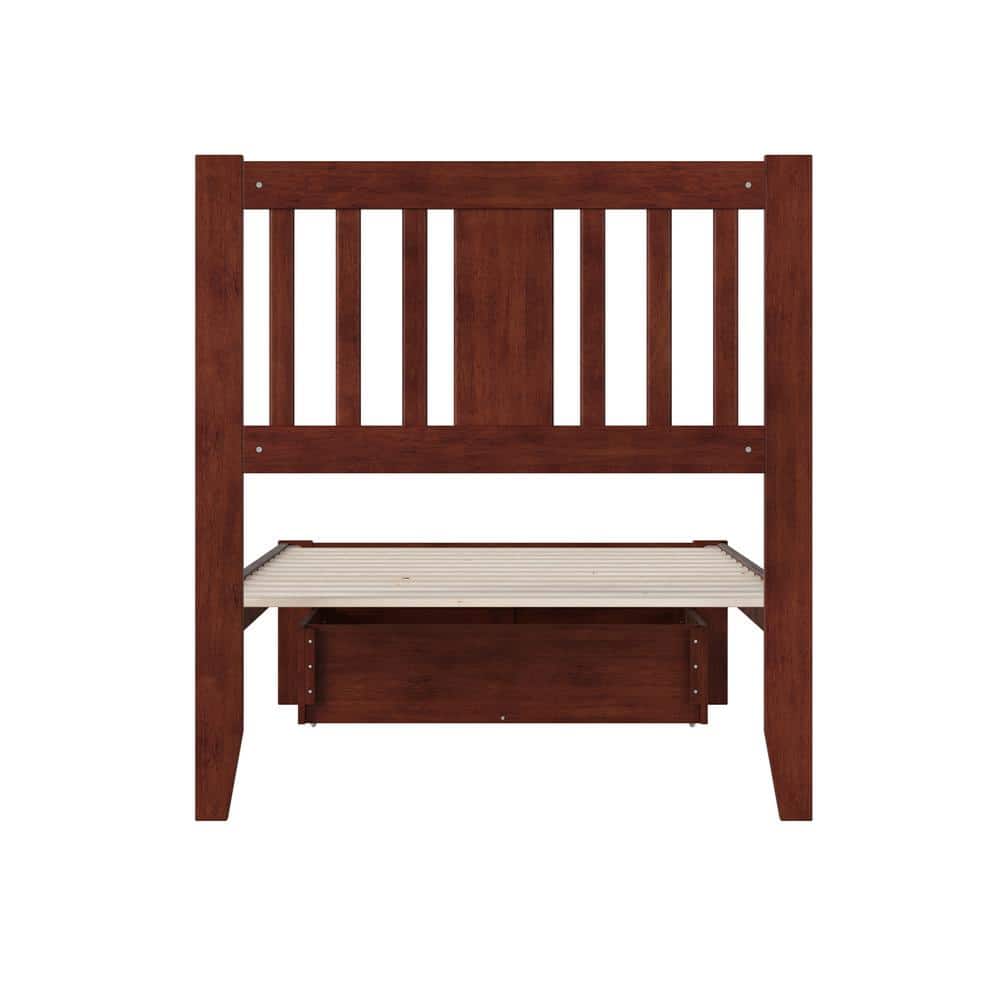 Walnut Twin Wood Platform Bed with Drawer and USB Charger