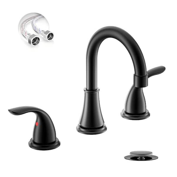 8 in. 3 Hole Widespread Matte Black Bathroom Faucet, 2 Handle Modern Vanity Faucet with Metal Pop up Drain