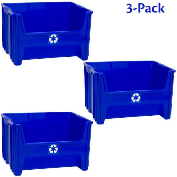Plastic Stak-N-Store Storage Bins/ Recycling Totes, 15 in. x 20 in. x 12 1/2 in. Blue and White, (3-Pack)