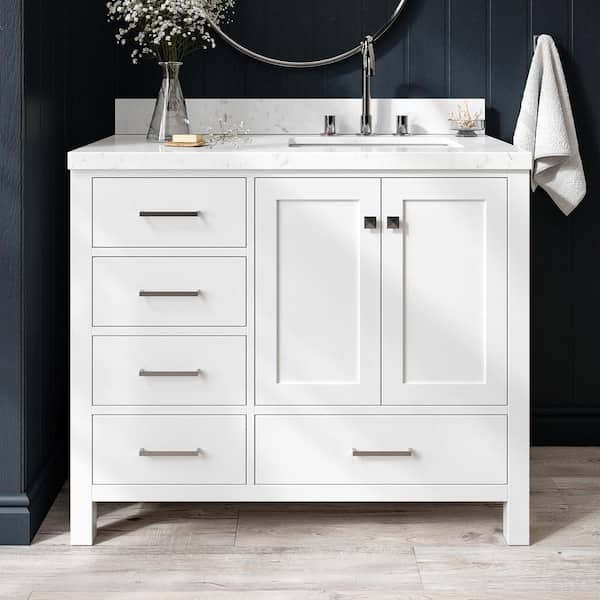 ARIEL Cambridge 42 in. W x 22 in. D x 36 in. H Single Rectangle Sink Bath Vanity in White with Carrara White Quartz Top