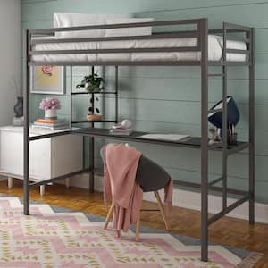 Maxwell Metal Twin Loft Bed with Desk and Shelves, Gray/ Black
