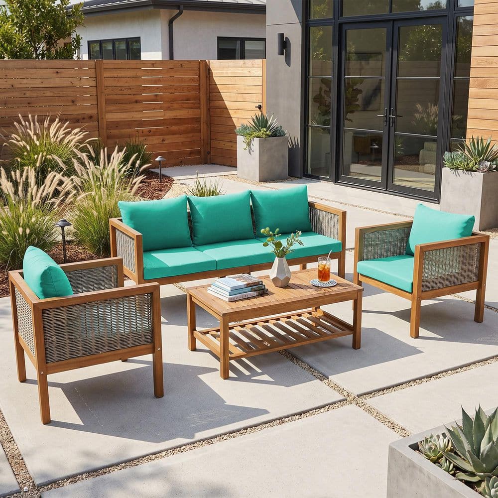 4-Piece Natural Finish Solid Wood and Rattan Woven Outdoor Patio Conversation Set with Green Cushions plus Coffee Table price history on PriceWatchPro