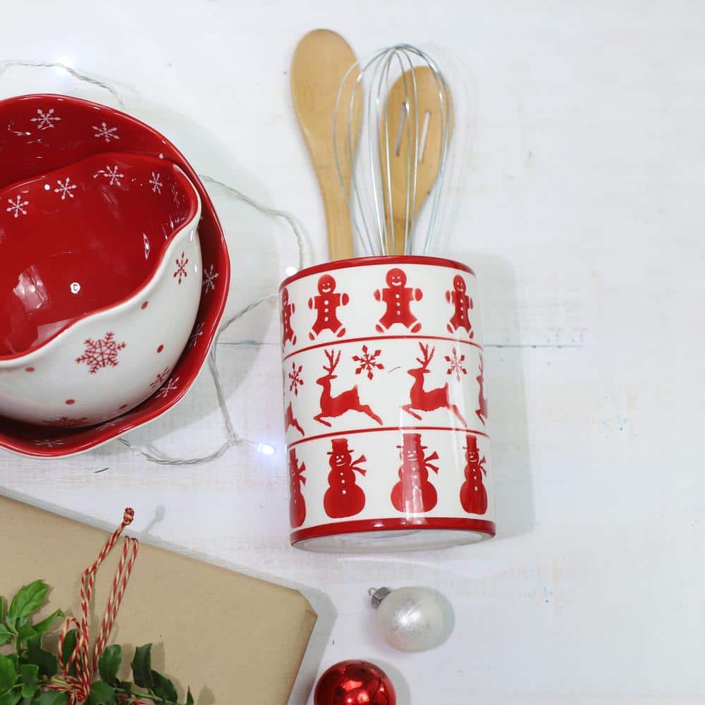 Holiday Ceramic Cylinder Utensil Holder with Festive Designs