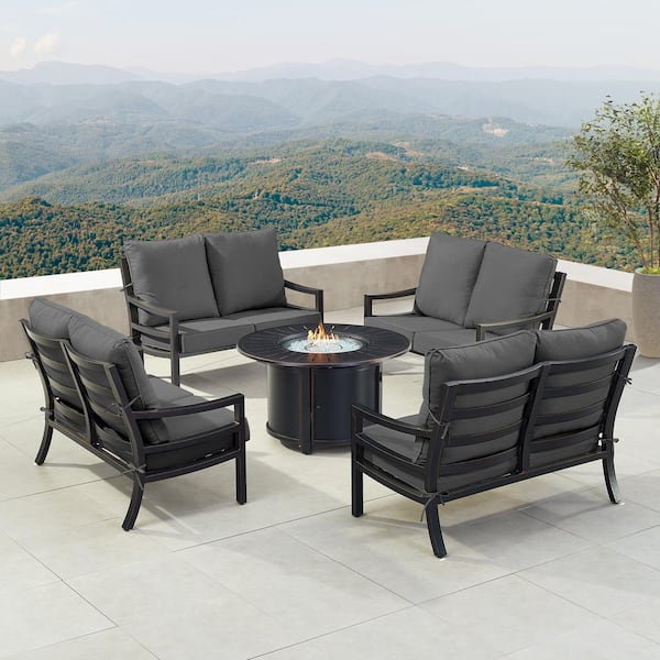 Oakland Living Black 7-Piece Aluminum Patio Fire Pit with 4-Deep Seating Loveseat Black Cushions