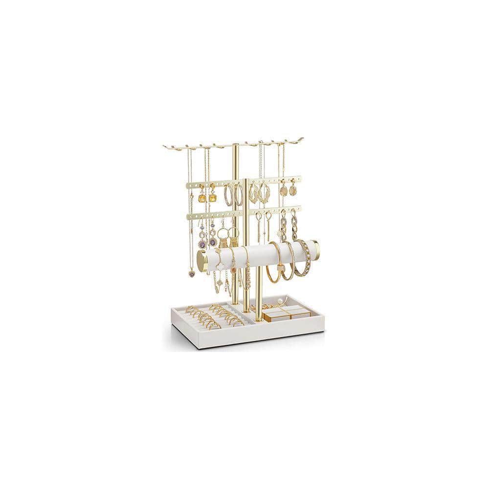 3 Tier Jewelry Stand Organizer with Tary, Leather, White, 8. 6x5. 5in ...