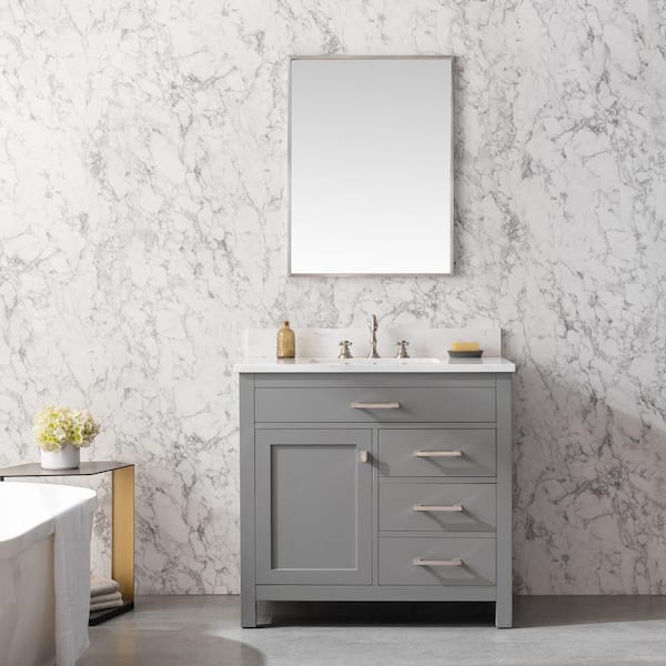 SUDIO Jasper 36 in. W x 22 in. D Bath Vanity in Gray with Engineered Stone Vanity in Carrara White with White Sink