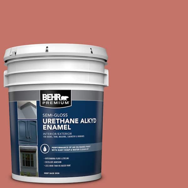 BEHR PREMIUM 5 gal. #PPU1-05A Red Coral Urethane Alkyd Semi-Gloss Enamel Interior/Exterior Paint