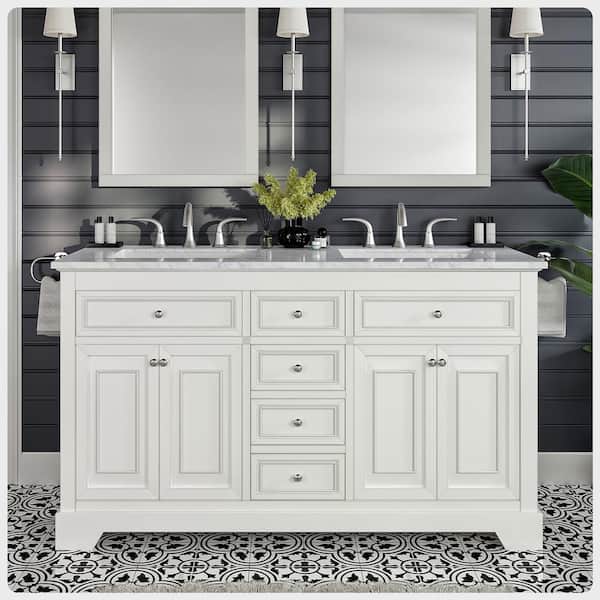 Eviva Monroe 60 in. W x 22 in. D x 33.70 in. H Freestanding Single Sink Bath Vanity in ً White with White Carrara Marble Top