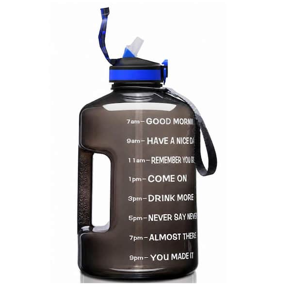 128 oz Black Plastic Motivational Water Bottle with Time Marker Leak Proof Lid Straw for Fitness Sports Outdoor