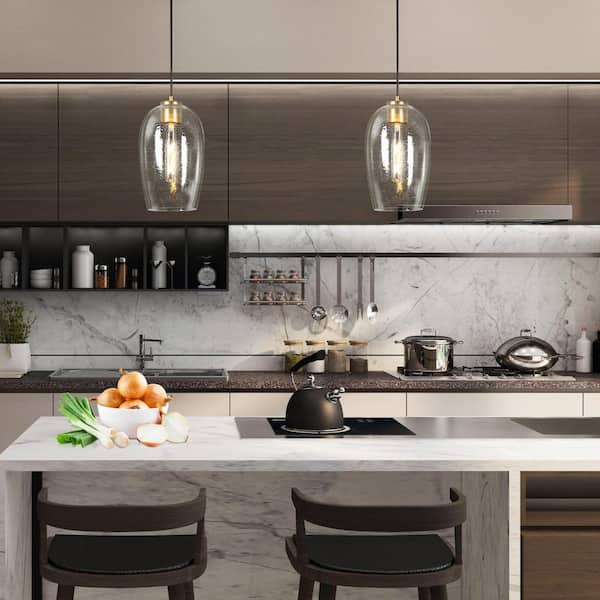 Modern 1-Light Satin Gold Oval Seeded Glass Pendant Light for Kitchen Dining Room Glam Hanging Light Island Chandelier
