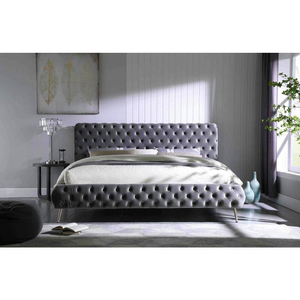 Elegant California King Velvet Upholstered Platform Bed with Tufted Headboard