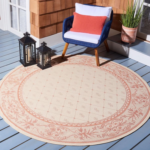 Courtyard Natural/Terracotta 7 ft. x 7 ft. Round Border Indoor/Outdoor Patio  Area Rug