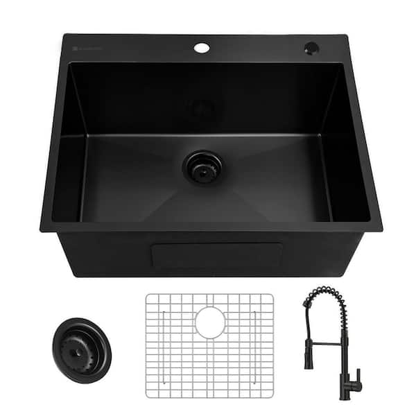 Glacier Bay 25 in. Drop-In Single Bowl 18 Gauge Black Stainless Steel Kitchen Sink with Black Spring Neck Faucet