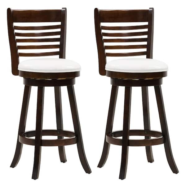 CorLiving Woodgrove 29 in. Wood Swivel Bar Stool with White Leatherette Seat and 6-Slat Backrest (Set of 2)