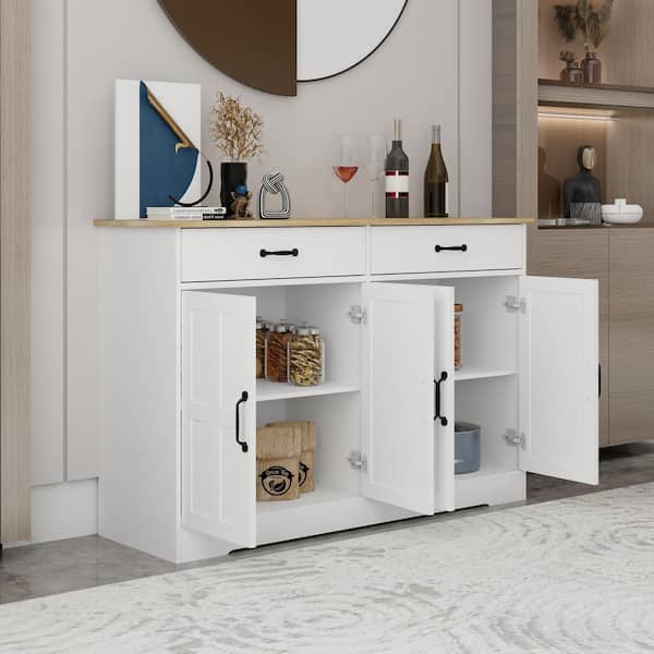 Farmhouse Buffet Cabinet Storage Sideboard with 2 Drawers and 4 Doors for Dining Living Room Kitchen Cupboard in White