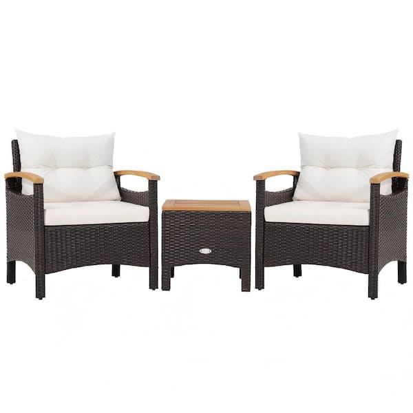 Clihome 3-Piece Wicker Rattan Patio Conversation Set with Off White Removable Cushions