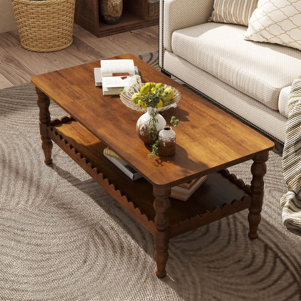 43.3 in. Brown Rectangle 2-Tier Solid Wood Coffee Table with Storage Shelf, Rectangle Center Sofa Table for Living Room