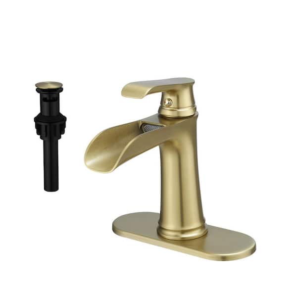 Fapully Single Handle Single Hole Bathroom Faucet with Deckplate and Drain Included, Waterfall Bathroom Faucet in Brushed Gold
