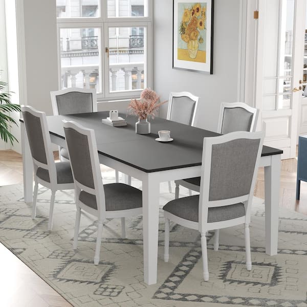 Zeus & Ruta 7-Piece Patio Furniture White Wood Outdoor Dining Table Set with Dark Gray Cushion and 6-Upholstered Dining Chairs