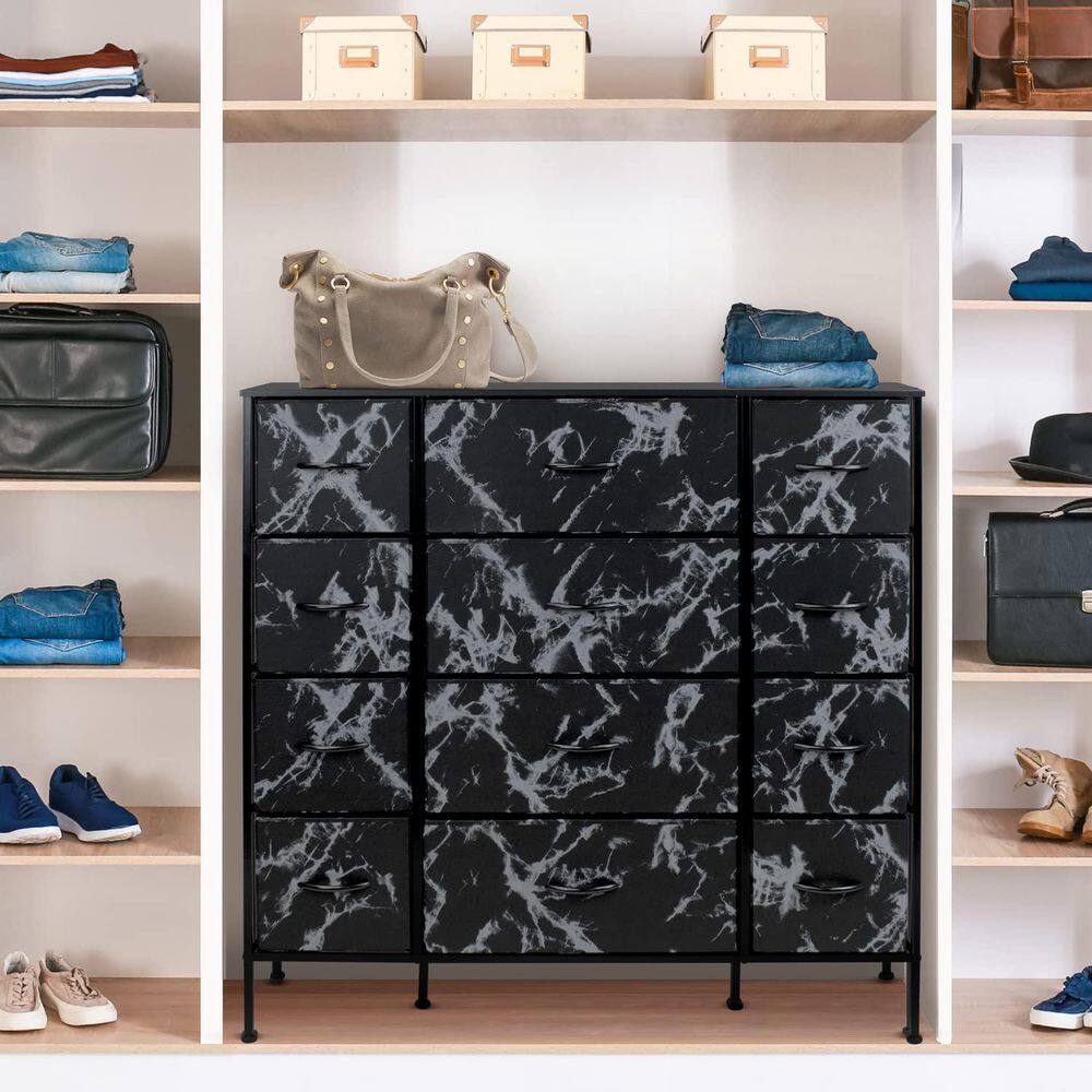Sleek Black Marble 12-Drawer Vertical Nursery Dresser with Soft Close