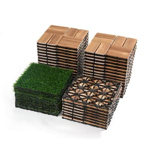 1 ft. x 1 ft. 36-Piecs DIY Wood-Plastic Carbonized Floor 8-Piecs Simulated Lawn, Waterproof And Sunscreena