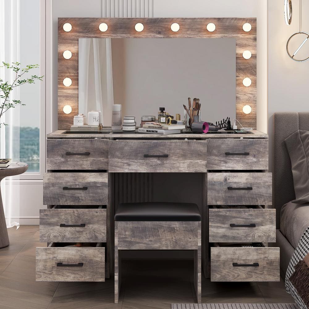 Karl home Gray Makeup Vanity Set with USB K1G52005796 - The Home Depot