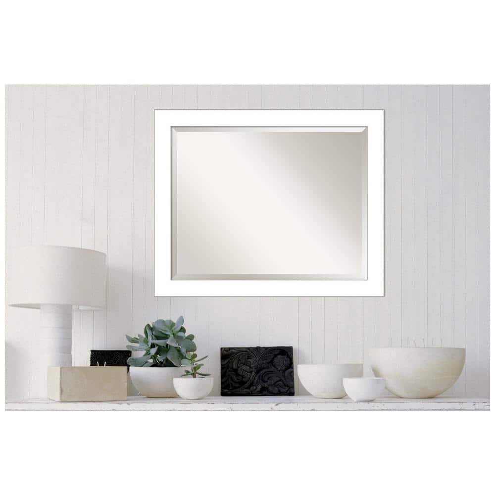 Satin White Contemporary 32x26 Wall Mounted Vanity Mirror