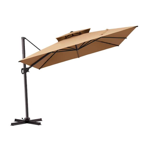 Pellebant Double Top 10.5 ft. Square Aluminum Outdoor Cantilever 360° Rotation Patio Umbrella in Tan with No Base