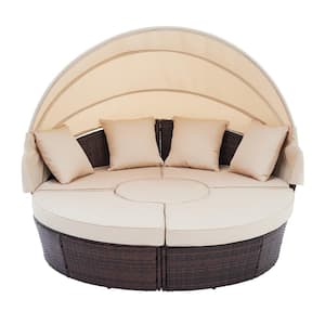 5-Piece Wicker Outdoor Day Bed Sunbed with Retractable Canopy with Khaki Cushions