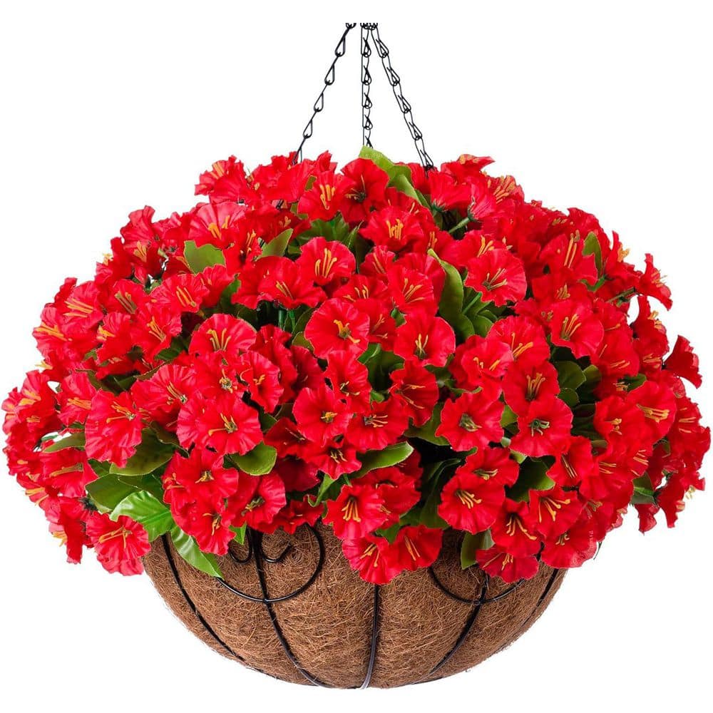 21.3 in. Red Outdoor Artificial Petunia Flowers in Brown Basket