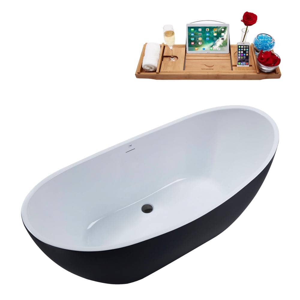 62'' Matte Black Freestanding Acrylic Soaking Bathtub with Tray
