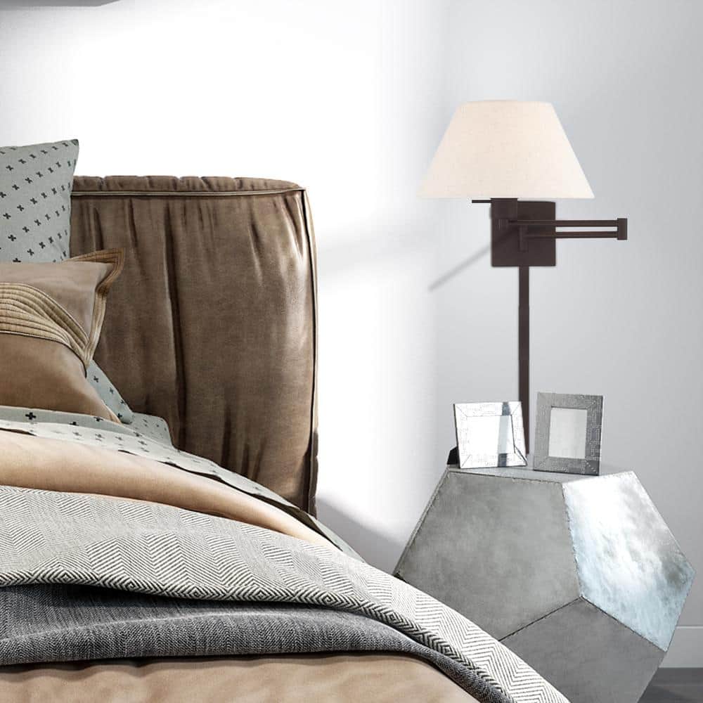 Bronze Finish Swing Arm Wall Lamp with Oatmeal Fabric Shade