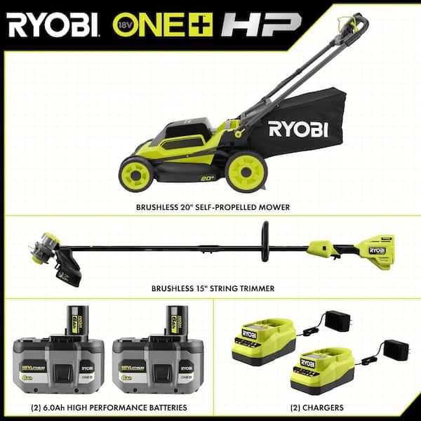 ONE+ HP 18V Brushless 20 in. Cordless Walk Behind Self Propelled Mower and String Trimmer w/ (2) Batteries & Chargers