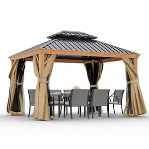 10 ft. x 12 ft. Double Roof Hardtop Wood Grain Aluminum Patio Gazebo with Netting and Khaki Curtains