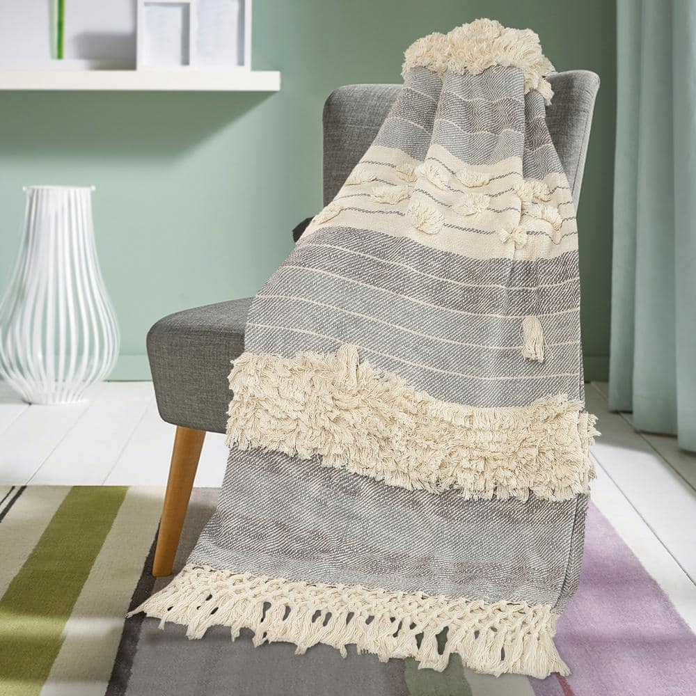 Handwoven Gray and Beige Cotton Reversible Throw Blanket