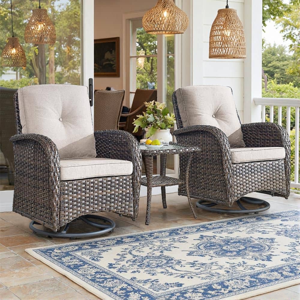 Brown 3-Piece Wicker Patio Conversation Set with Beige Cushions and Coffee Table All-Weather Swivel Rocking Chairs price history on PriceWatchPro