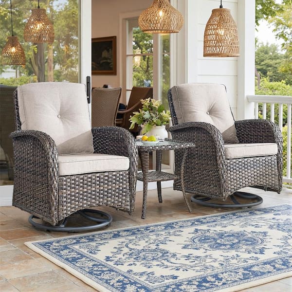 Brown 3-Piece Wicker Patio Conversation Set with Beige Cushions and Coffee Table All-Weather Swivel Rocking Chairs