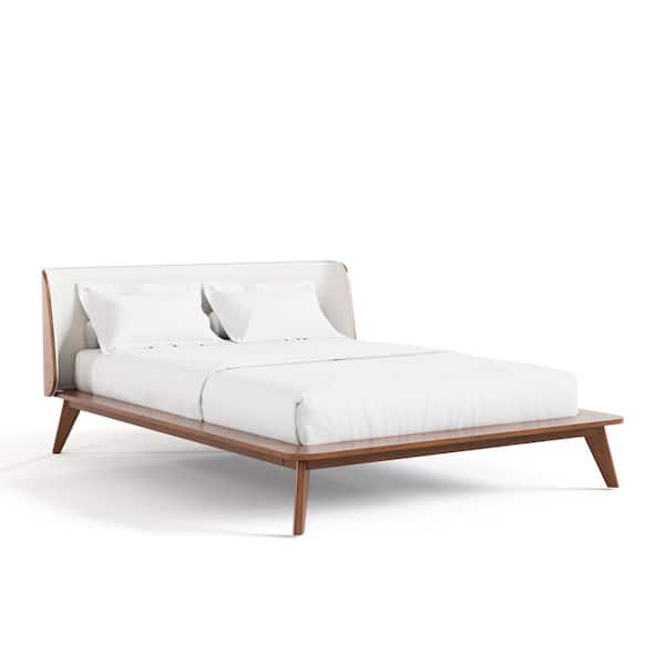 Riverstone Mid Century Modern Boucle Fabric Brown Wood Frame Queen Low Profile Platform Bed with Wingback Headboard